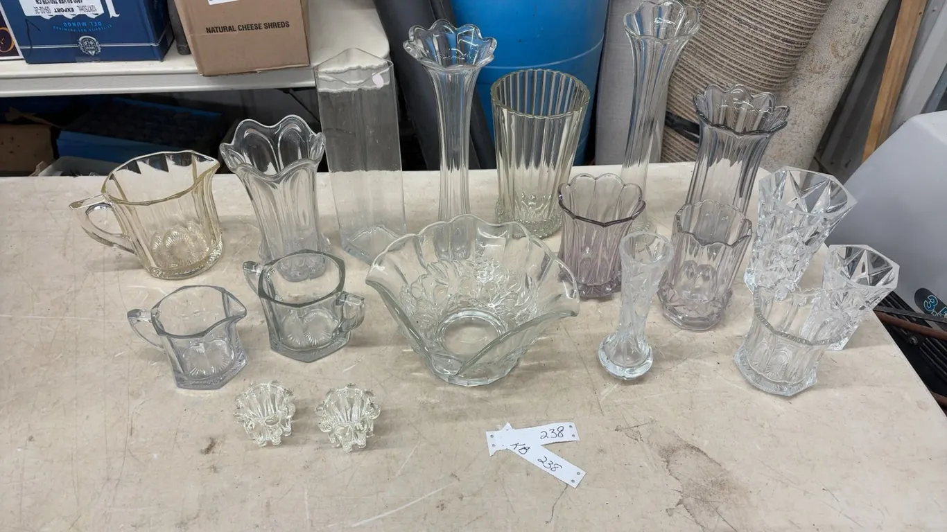 Assortment of Pressed Glass / Crystal, Vases, Pitchers, Ruffled Floral Bowl, Candle Holders
