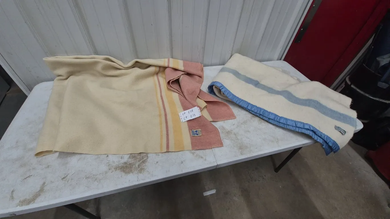 Two Kenwood Wool Blankets: One Cream and Pink Striped, One Cream and Blue Striped