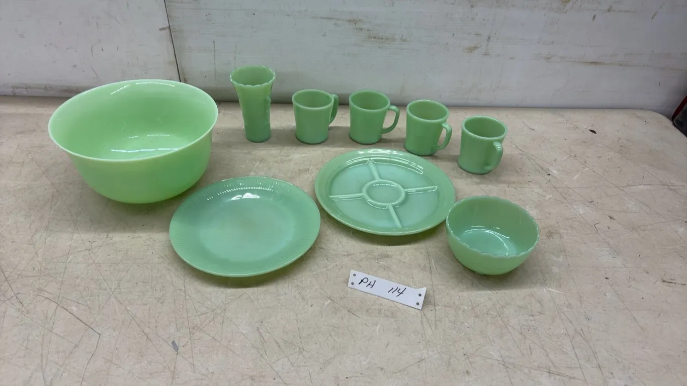 Vintage Fire-King Jadeite Glassware Including Mugs, Plates, Vase