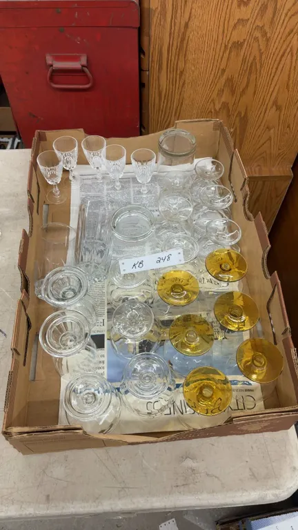 Assorted Glassware, Amber-Stemmed Coupes, Tumblers