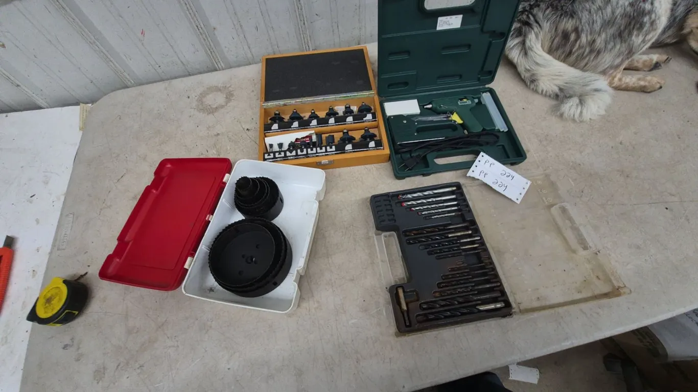 Assorted Power Tool Accessories: Hole Saw Set, Router Bit Set, and Drill Bit Sets