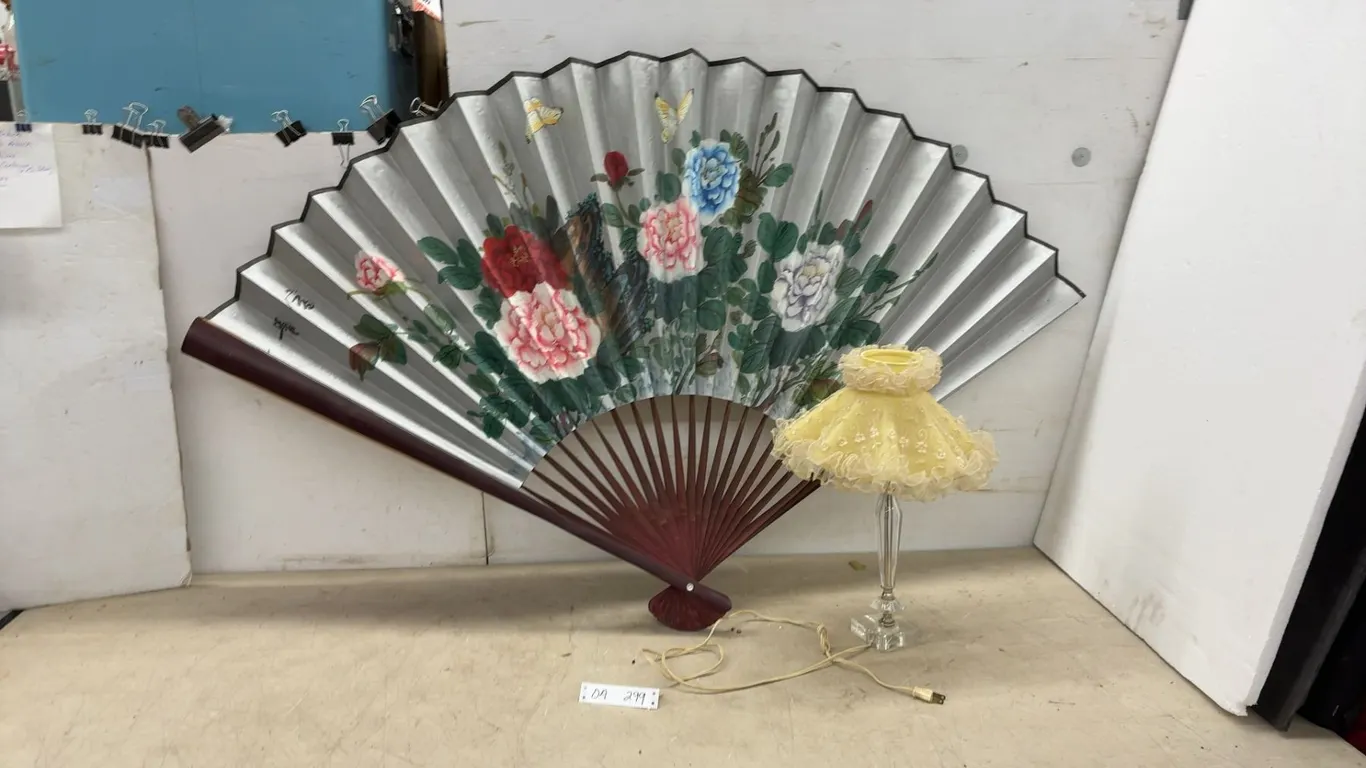 Large Hand-Painted Asian Folding Wall Fan with Peonies and Butterflies, Approximately 36 × 65” and