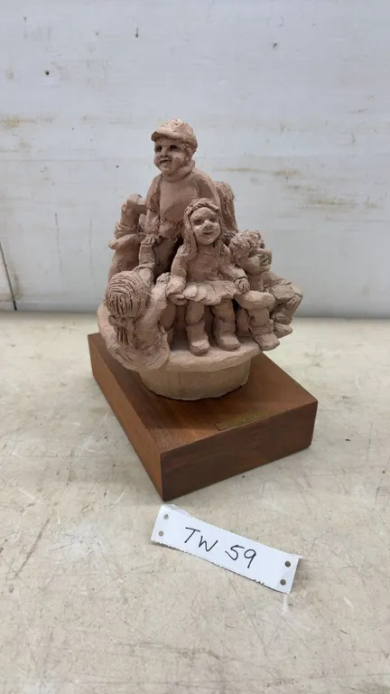 Terracotta Sculpture by Edy Cherniack of Children on Wood Base, Signed, 11 × 6 × 8”
