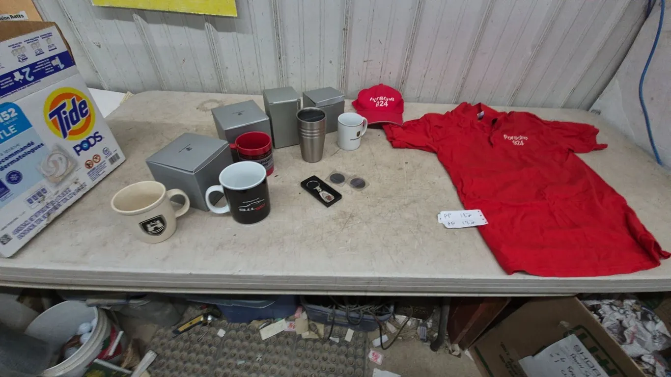 Porsche 924 Red Polo Shirt and Hat, Porsche Keychain, 3 Mugs, 4 Boxes