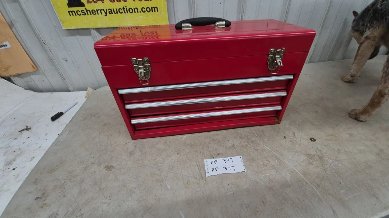 Red 3-Drawer Tool Box with Top Compartment and Handle, 9”×12”×20”