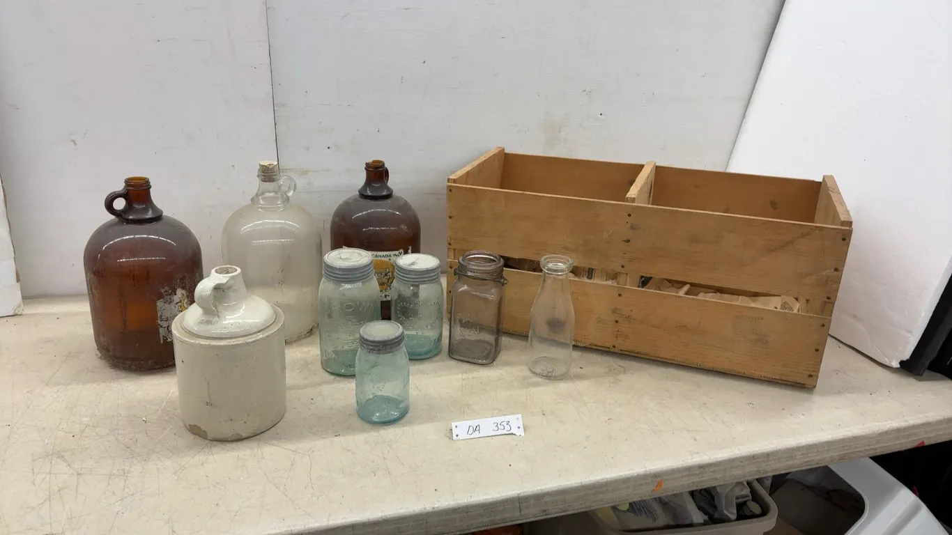 Vintage Glass Jugs, Stoneware Finger Jug, Crown Mason Jars, Cream Bottle, and More in Wooden Crate