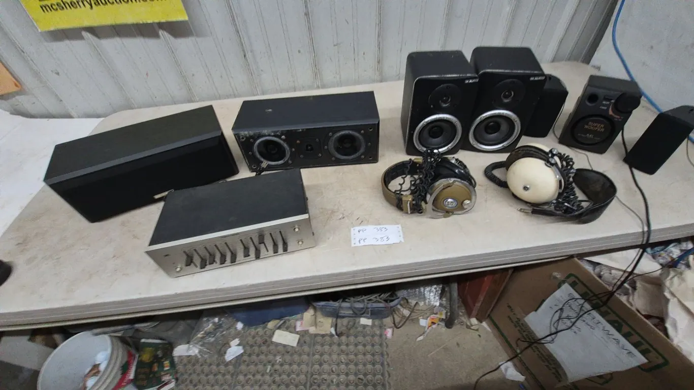 Realistic Five Band Stereo Frequency Equalizer, M-Audio Speakers, and Headphones