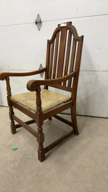 Antique Jacobean Revival Oak Armchair with Scrolled Arms and Upholstered Seat