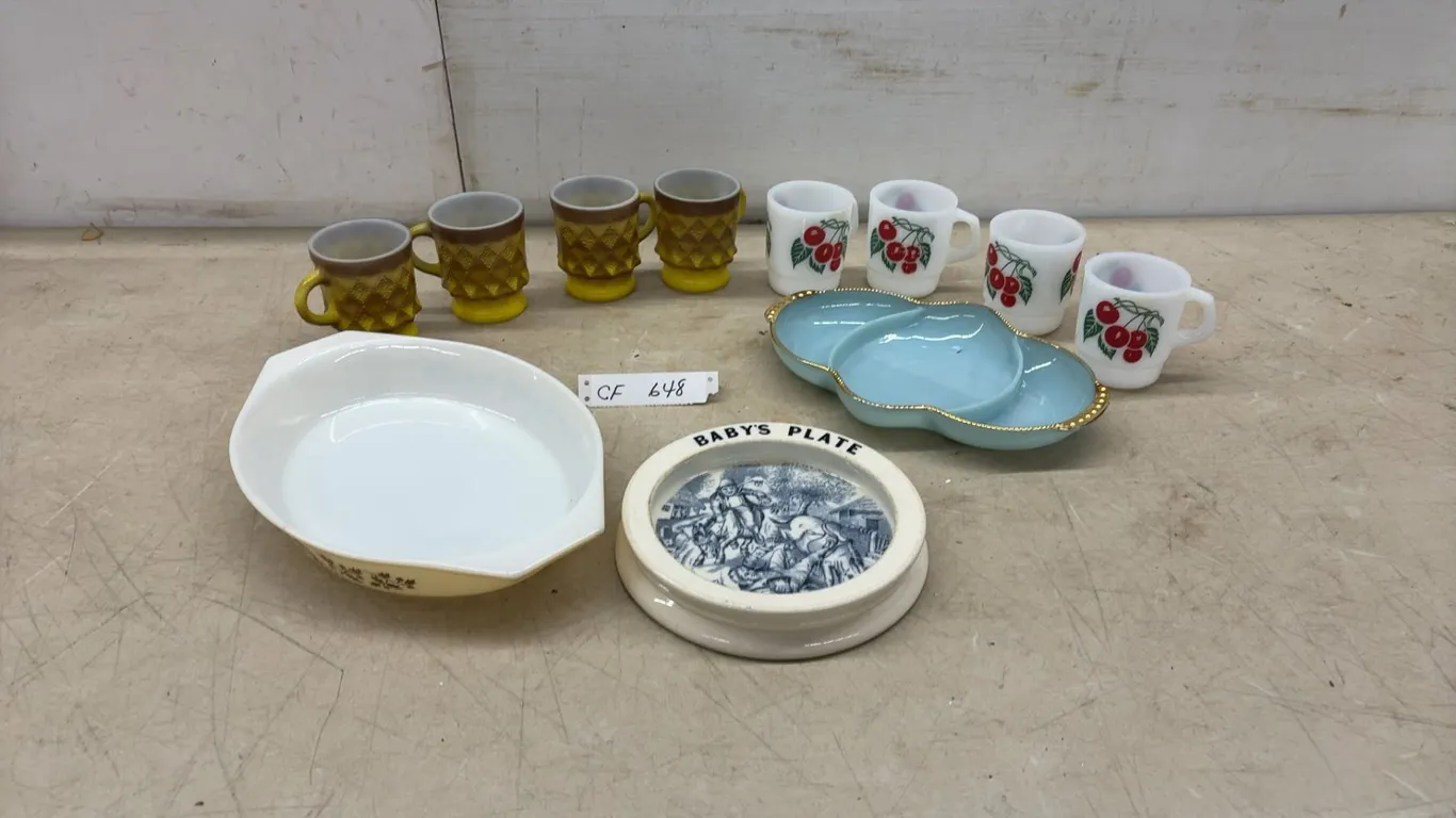 Vintage Pyrex Divided Casserole, Fire-King Mugs and Serving Dish, Carlton Ware Baby's Plate