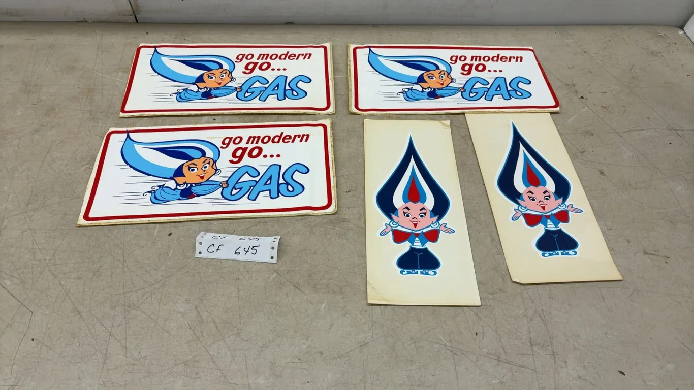 Five Vintage 1950s-60s "Go Modern Go Gas" and Speedy Gas Man Advertising Decals, Largest