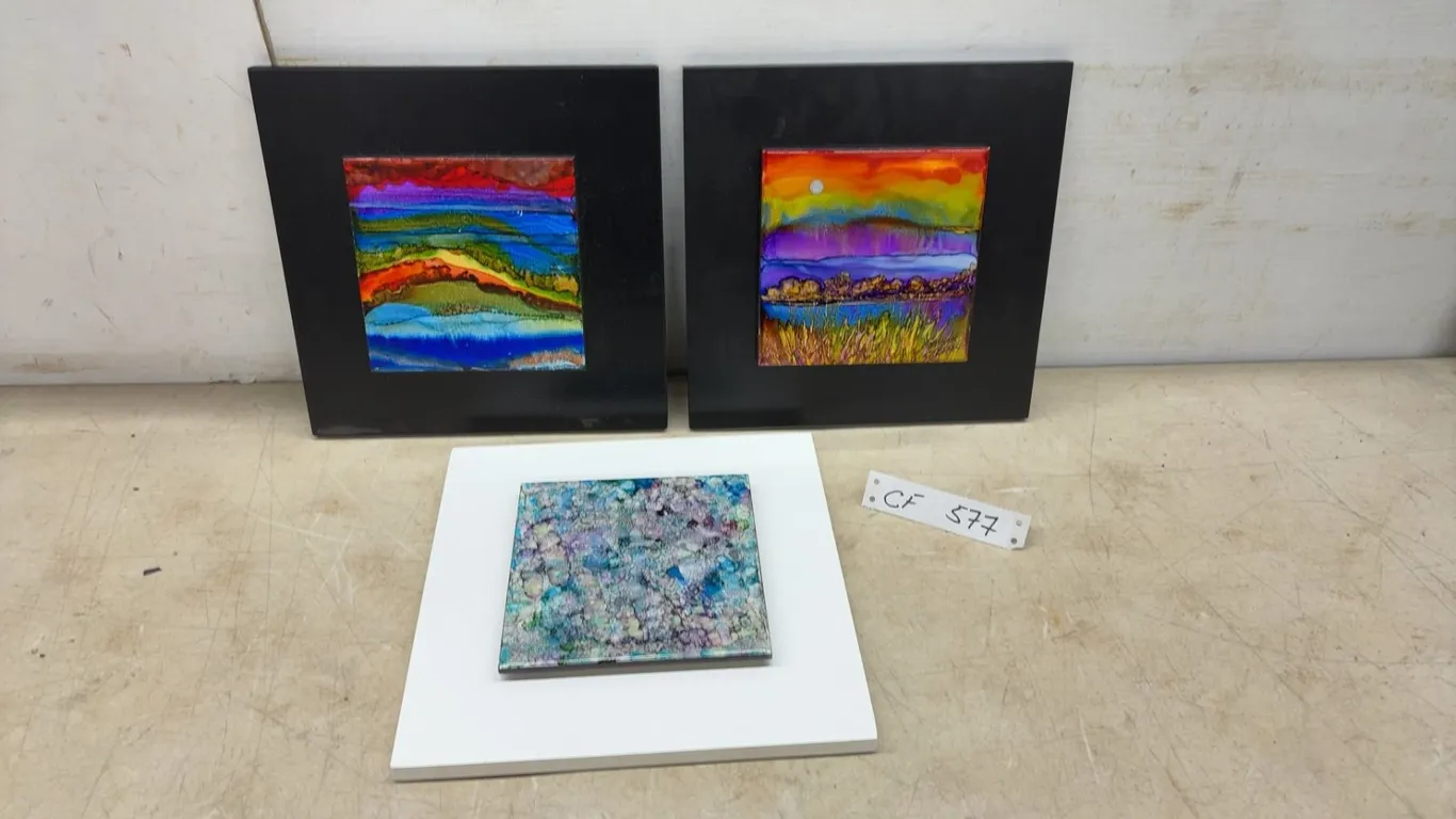 Three Anthony Steffes Alcohol Ink Ceramic Tile Art Set, 10 × 10”