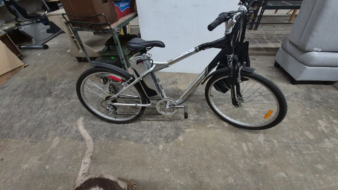 Schwinn Electric Bicycle, Silver and Black, with Rear Rack and Charger
