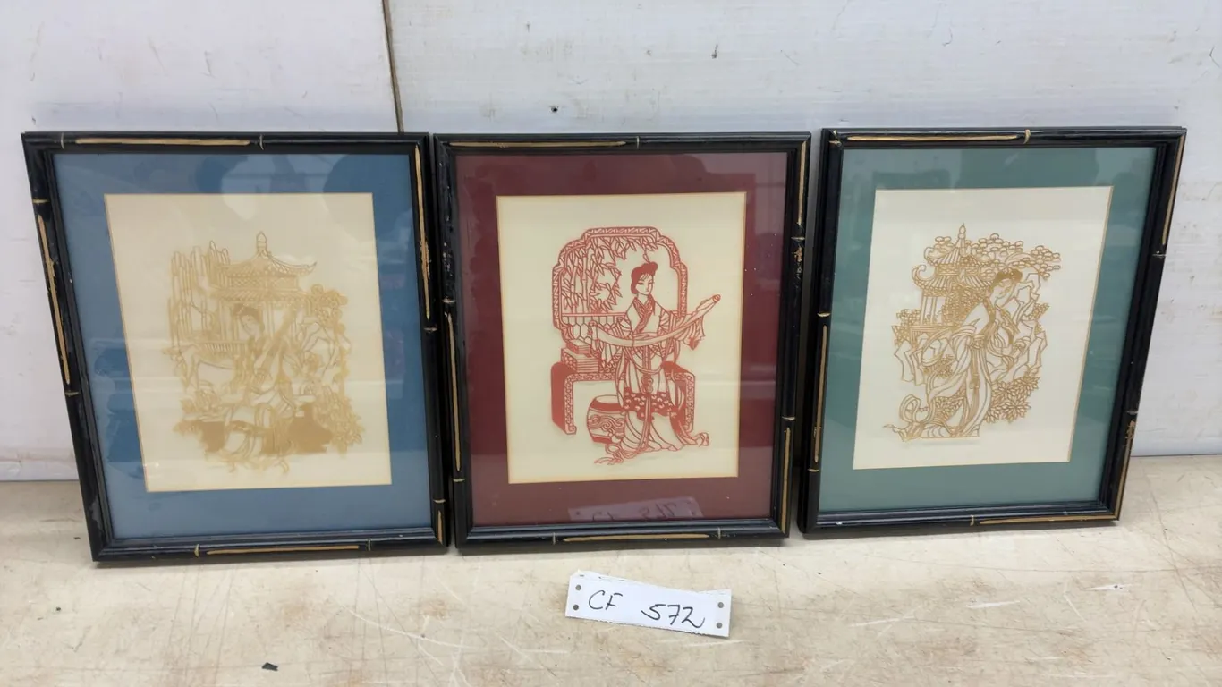 Three Framed Chinese Paper Cutout (Jianzhi) Artworks in Black Faux-Bamboo Frames, 11 1/2 × 9 1/2”
