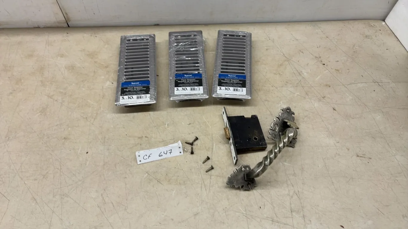 Three New Imperial Signature Series 3” x 10” Pewter Floor Registers, Door Handle, Mortise Lock