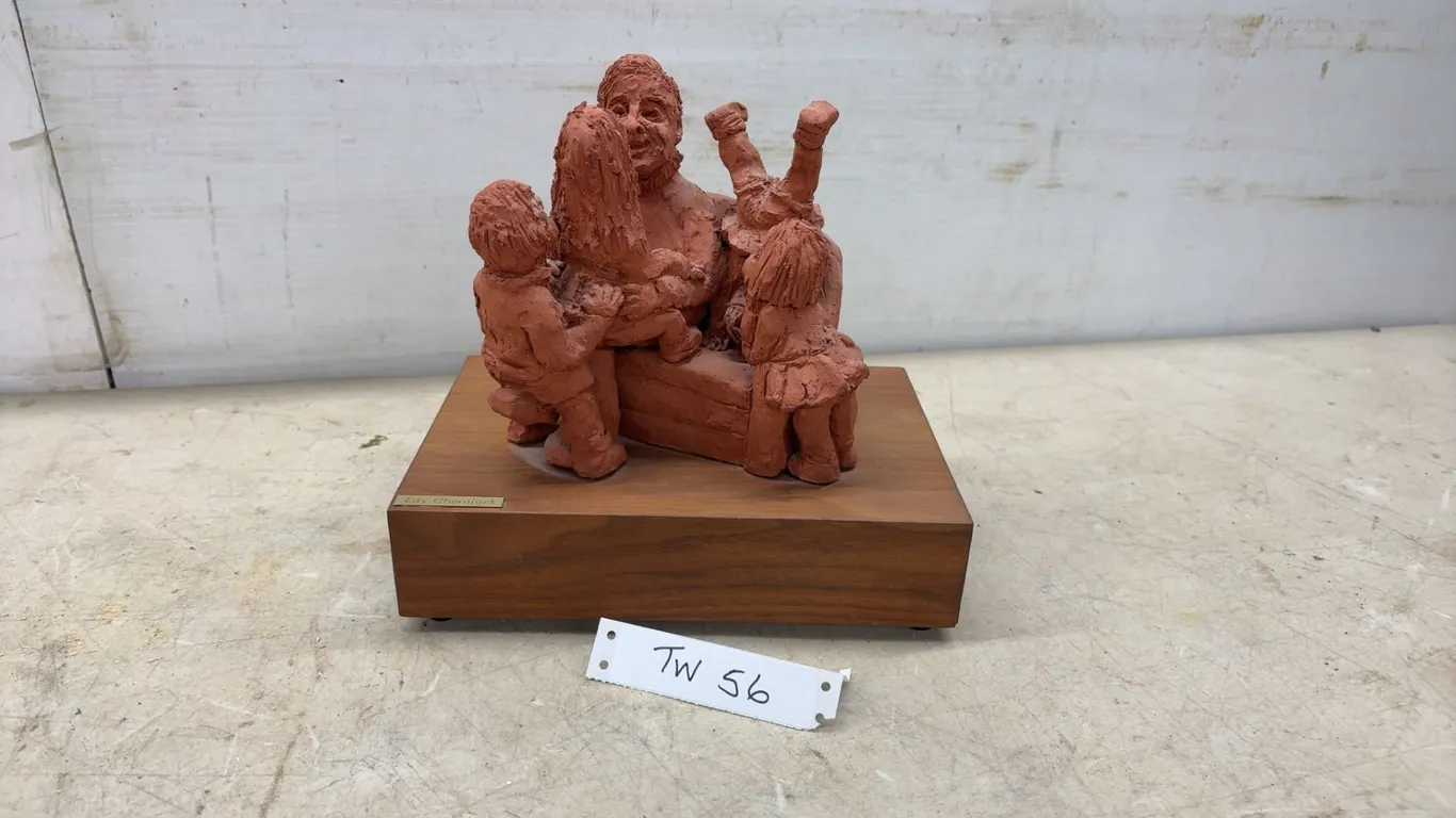 Edy Cherniack Hand-Sculpted Terracotta Figure Group of Adult with Three Children on Wood Base