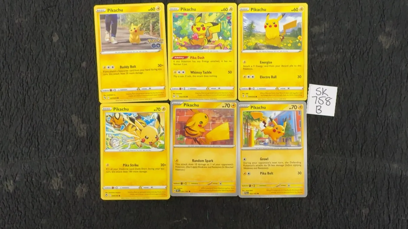 6 Assorted Basic Pikachu Pokémon Cards
