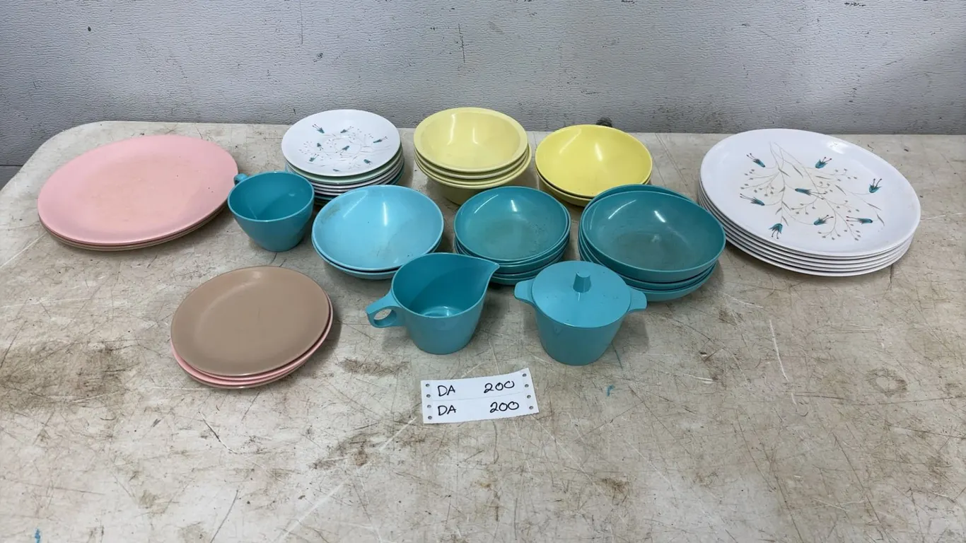Vintage Melamine Dinnerware: Pink Platter, 6 Small Plates, 6 Oval Plates, 10 Bowls, Creamer, Sugar