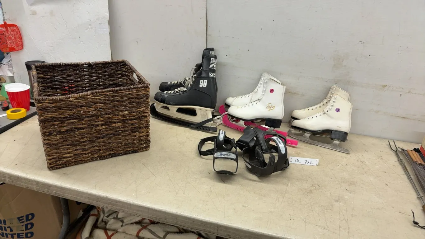 Ladies Figure Skates, Sz 4 and 7, Mens Skates, Sz 11, Wicker Basket, Devisys Ice Cleats
