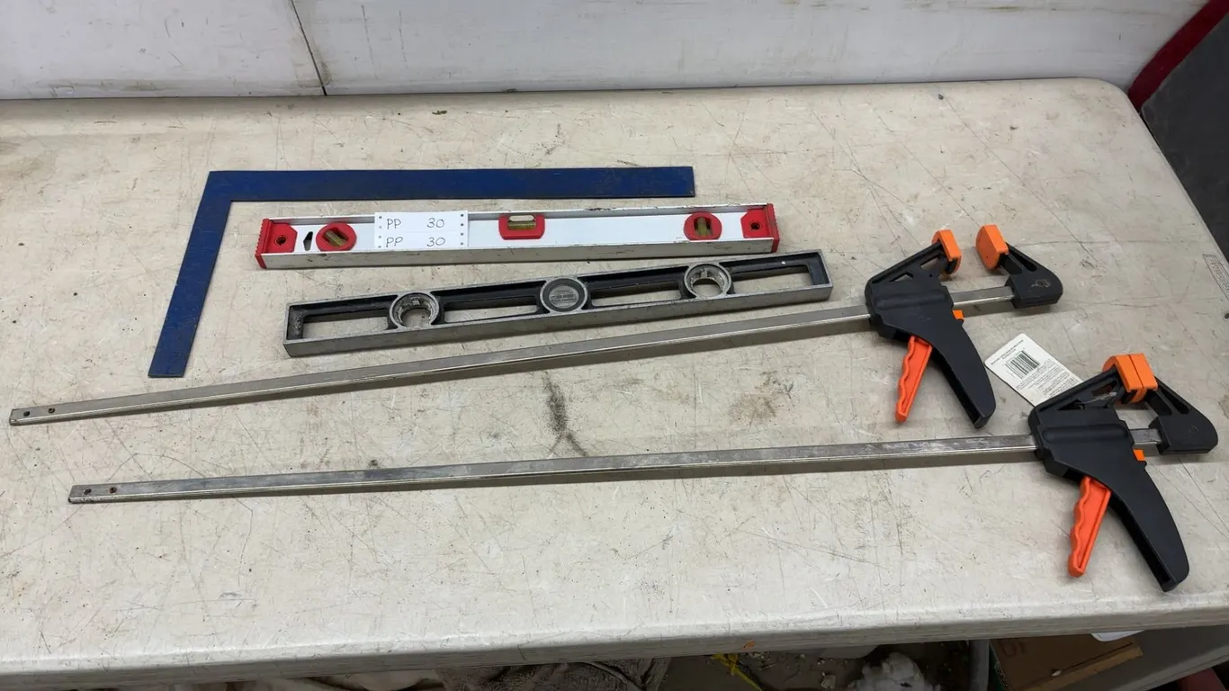 Two Light-Duty Spreader/Clamps, 36” (91 cm), Two Levels, and Steel Square
