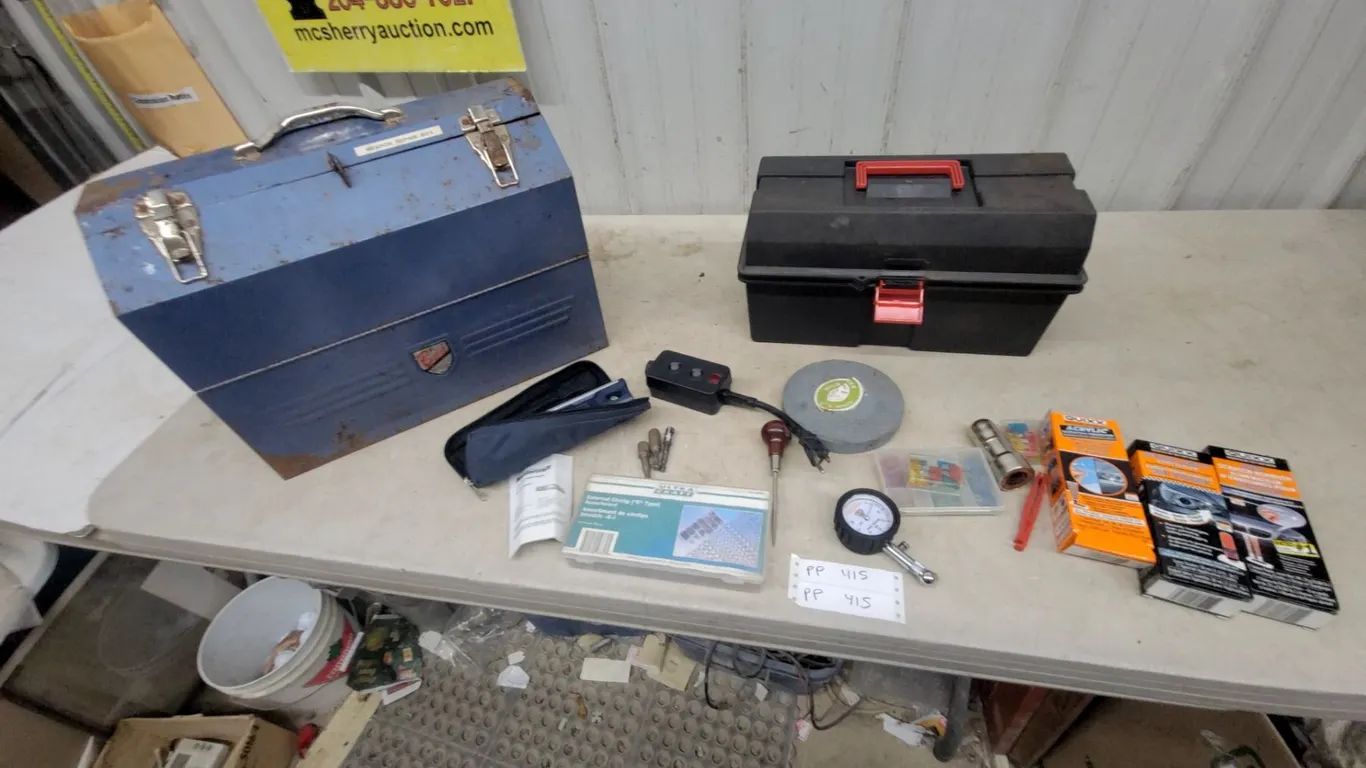 Two Toolboxes, Grinding Wheel, Tire Pressure Gauge
