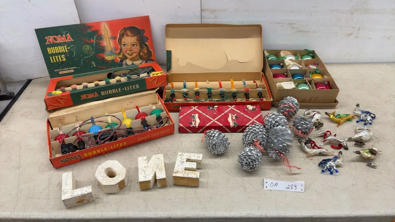 Vintage NOMA Bubble-Lites Christmas Lights, Glass Ornaments, Pinecones and Noel Candle Holders