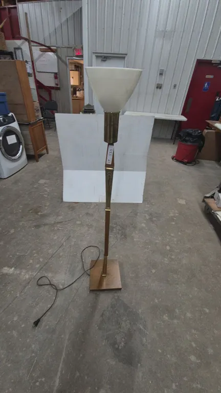 Vintage Brass and Wood Torchiere Floor Lamp, White Frosted Glass Shade
