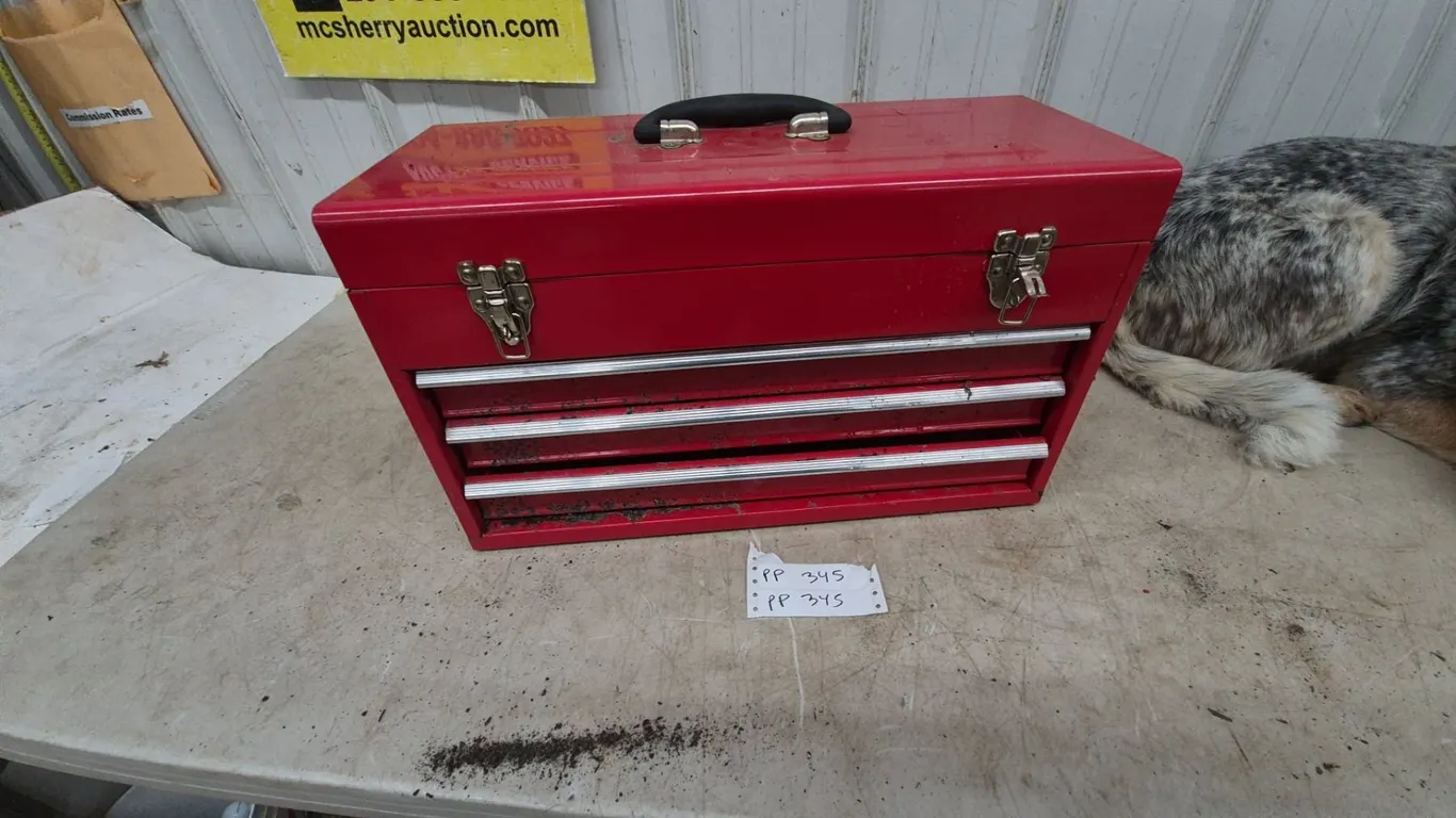 Red Metal 3-Drawer Tool Box 12”×20”×9” with Assorted Wrenches