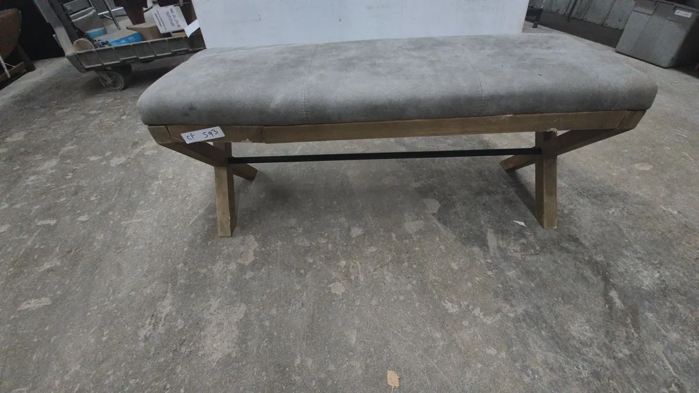 Gray Upholstered Bench with X-Frame Wood Legs and Black Metal Stretcher. 40” wide