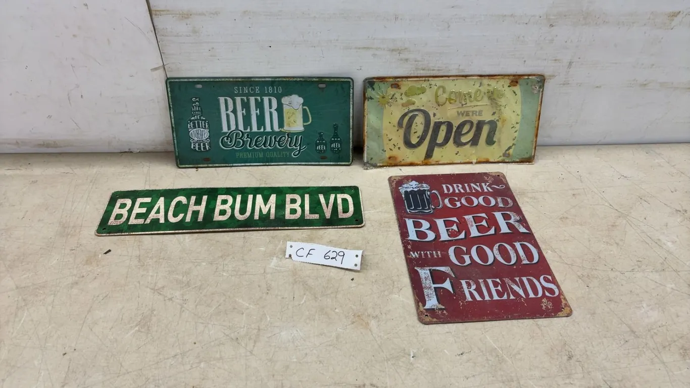 Four Metal Modern Novelty Signs, Largest, 12 × 8”