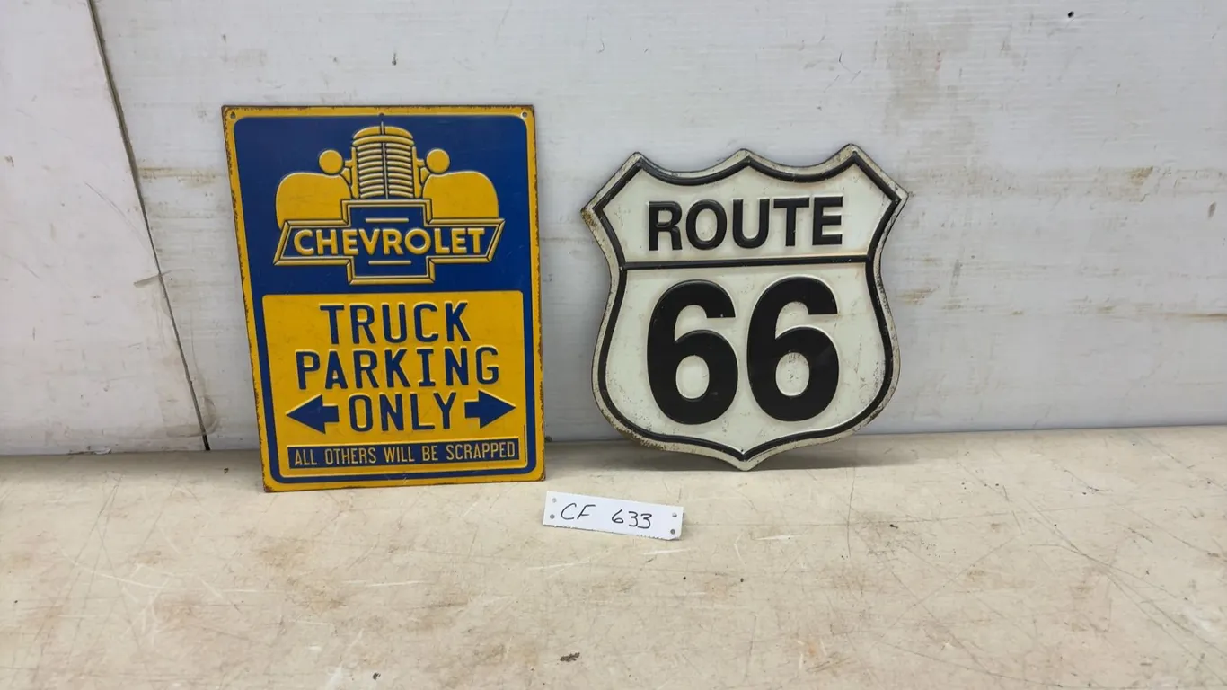 Two Modern Metal Signs, Chevrolet Truck Parking Only and Route 66 Signs, Largest 12 × 9”