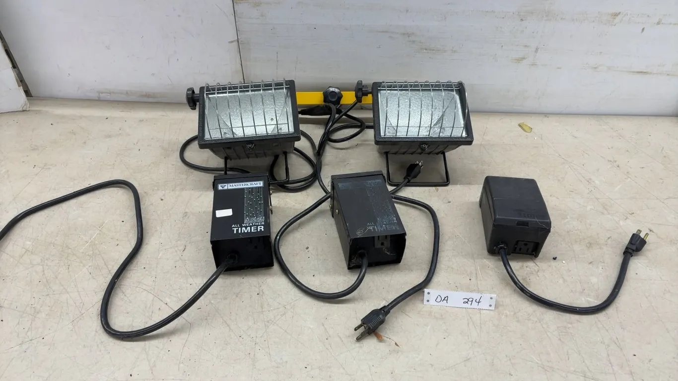 Halogen Work Light Stand with Two Lights and Three Mastercraft All Weather Outdoor Timers