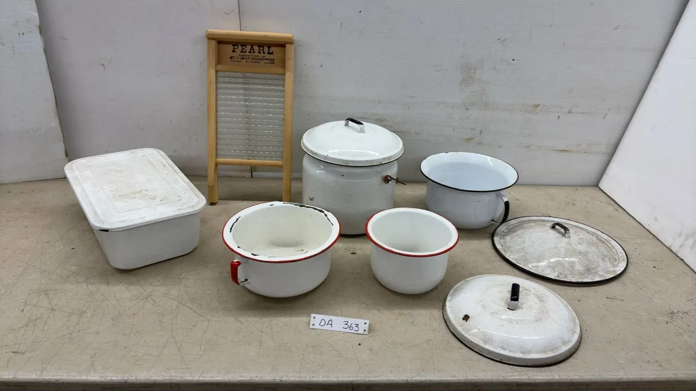 Pearl Canadian Woodenware Glass Washboard, Enamel Lidded Pot, Chamber Pot, Bowls