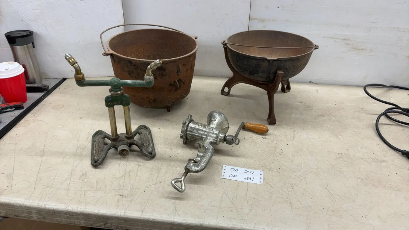 Porkert No. 5 Meat Grinder, Cast Iron Sprinkler, Cast Iron Kettles, Cast Iron Stand, Manual Drills