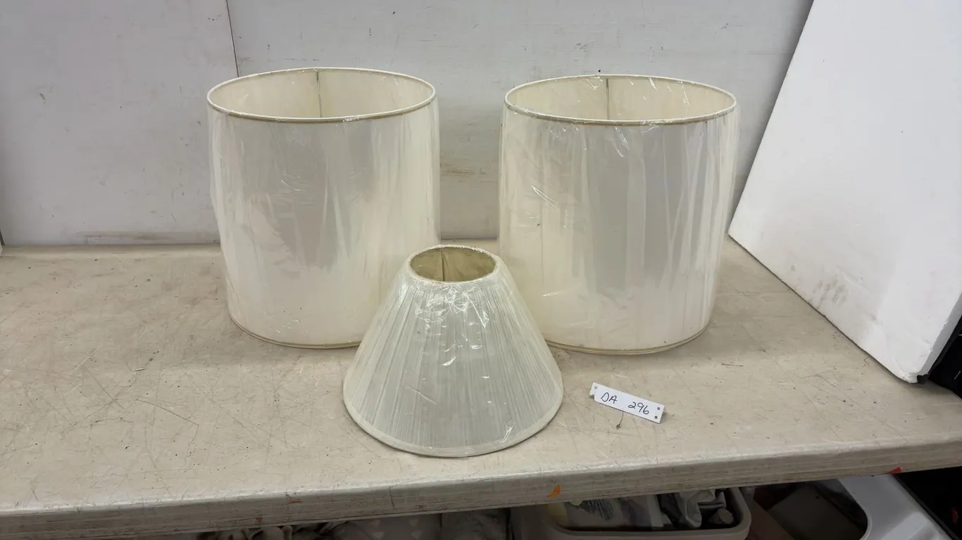 Three Off-White Lamp Shades, Two Large Cylindrical Drum and One Small Conical Pleated
