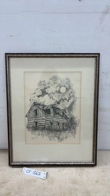 Odsig 1967 Framed Pen and Ink Drawing of Log Cabin Under Moonlit Sky, 20 × 16”
