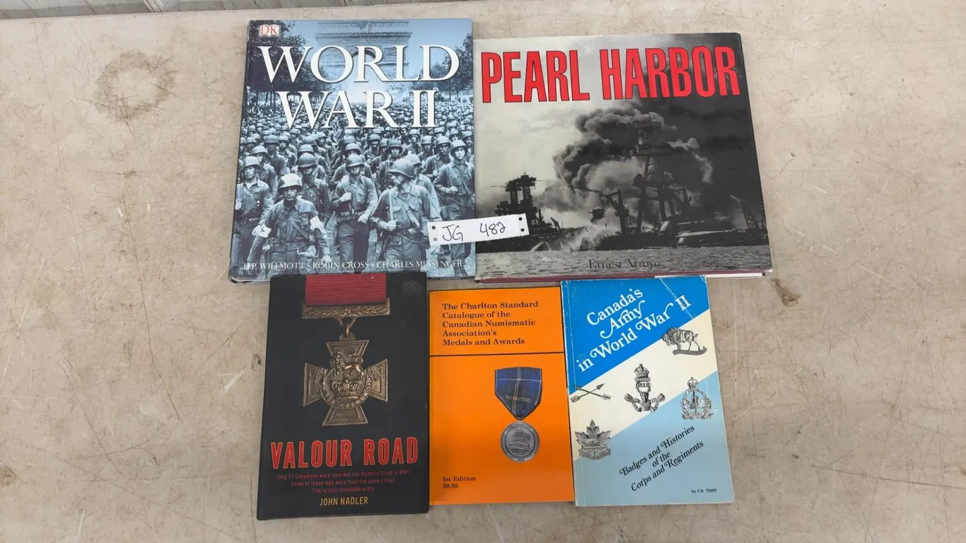 3 Books: Pearl Harbor, World War ||, Valour Road. 2 Books on Badges, Canadian Army in WW|| and