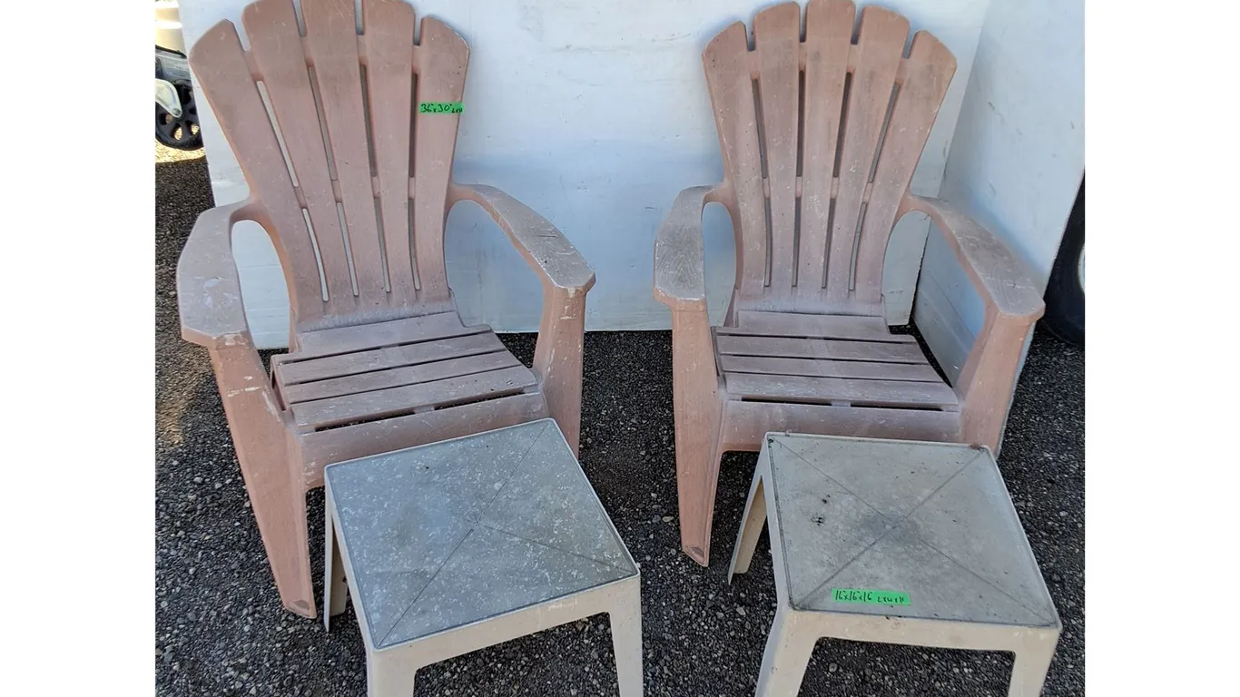 (2) Plastic Lawn Patio Chairs, 36" x 30" (2) Plastic Tables 16" x 16"No Shipping