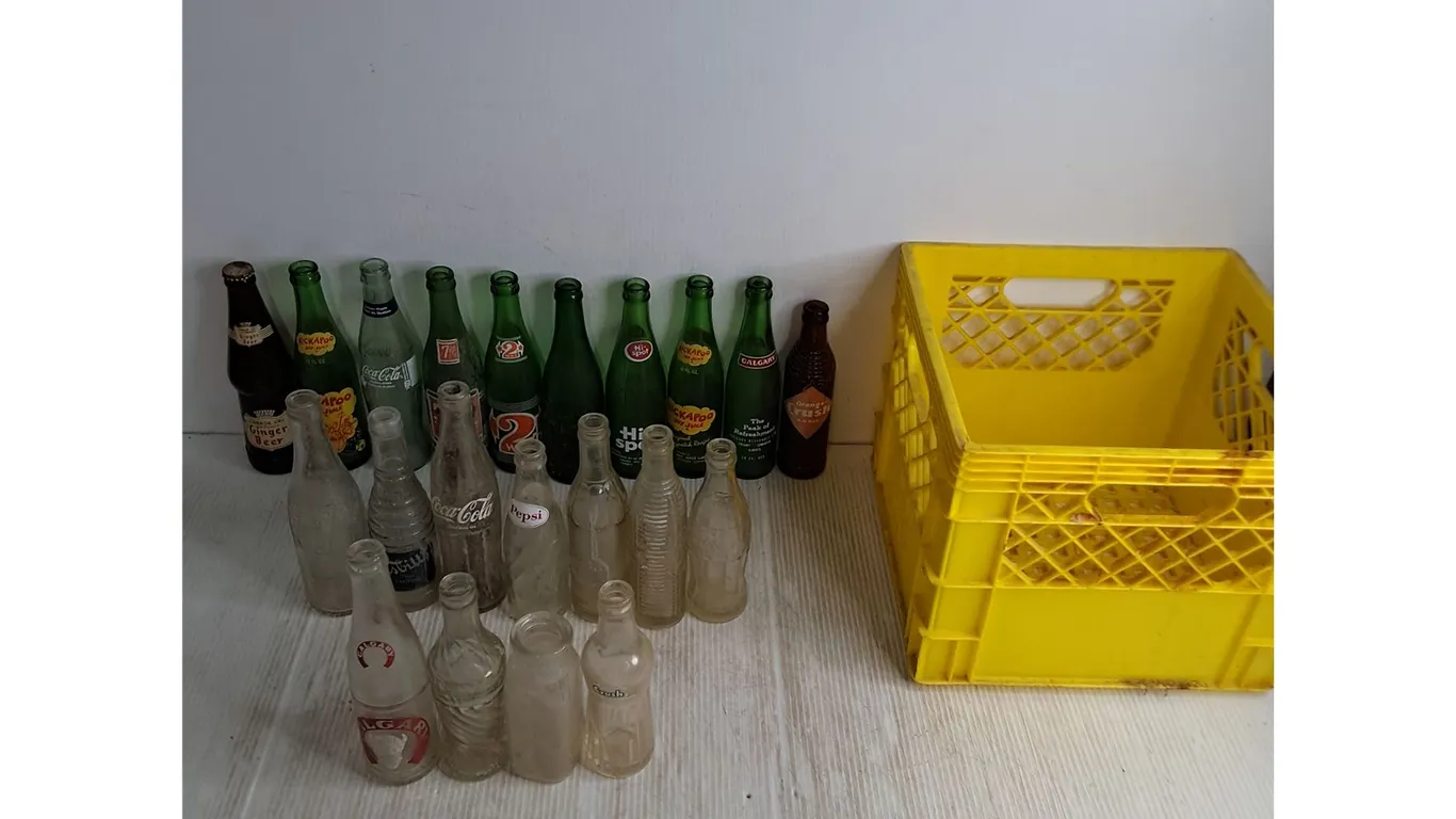 (21) Mostly Vintage Glass Pop Bottles, Milk Crate - Cannot Ship