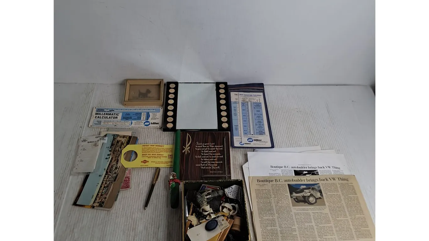 Penny Mirror, Religious Plaque, Buttons, Random Papers & Postcards, Misc.