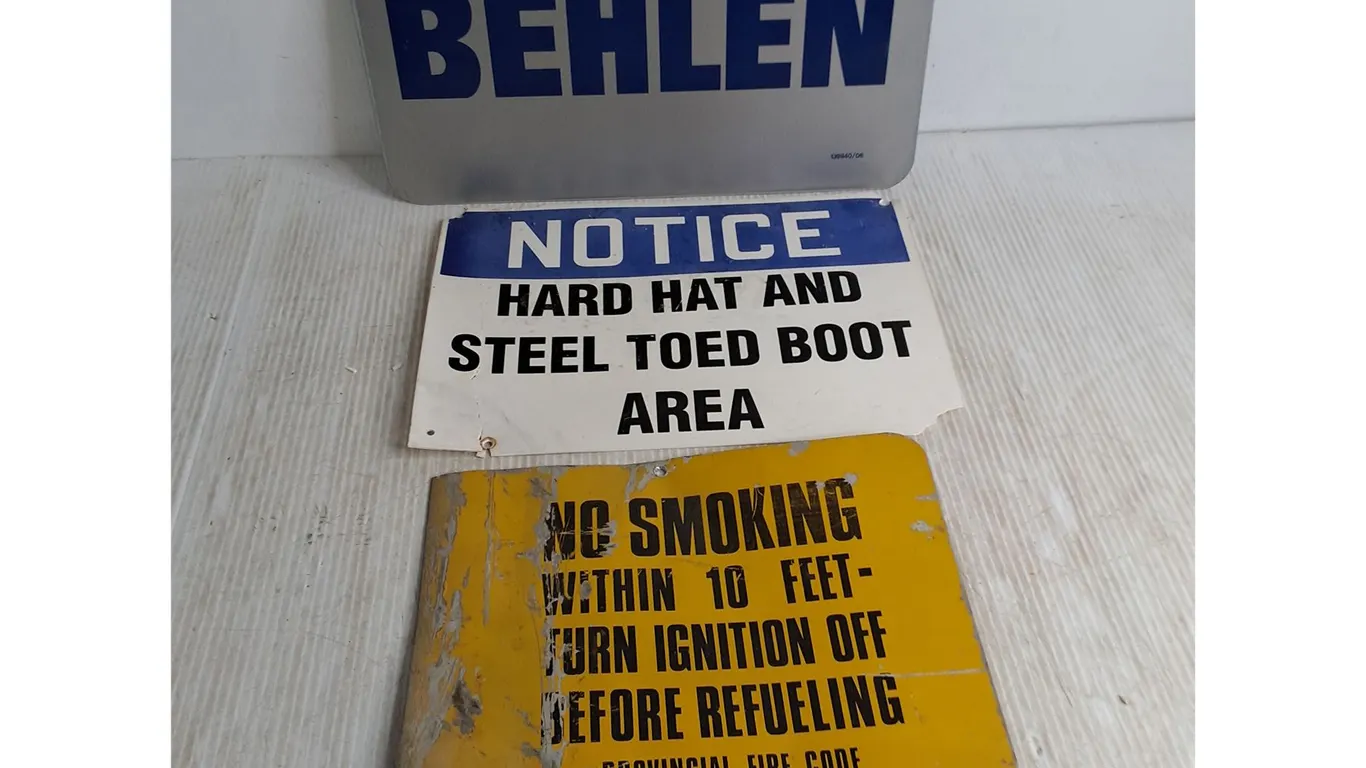 (3) Metal/Plastic Signs - Behlen, PPE Notice, No Smoking - Largest = 16" x 10"