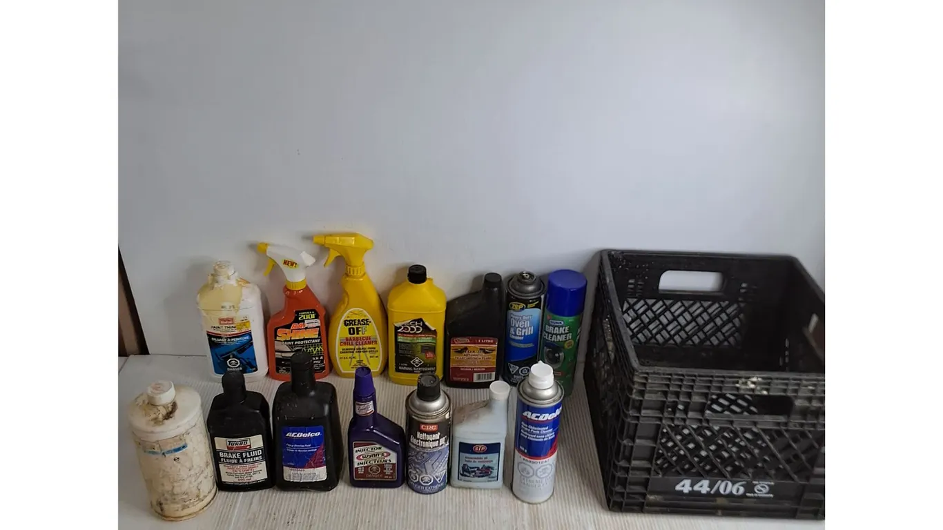 (14) Partial Bottles of Assorted Chemicals, Milk Crate - Cannot Ship