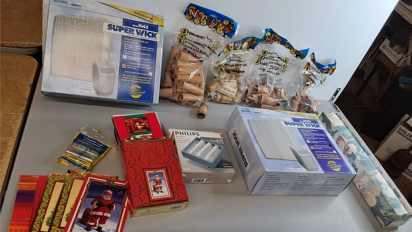 Coin Tubes, Christmas Cards, Humidifier Filters, (2) Drawer Liners. Can't Ship