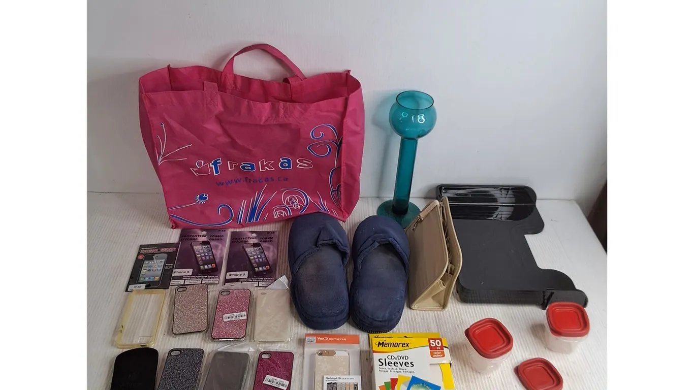 Assorted Smart Phone Cases, DVD Sleeves, Small Sealer Containers, Paper Tray, Slippers, Misc.