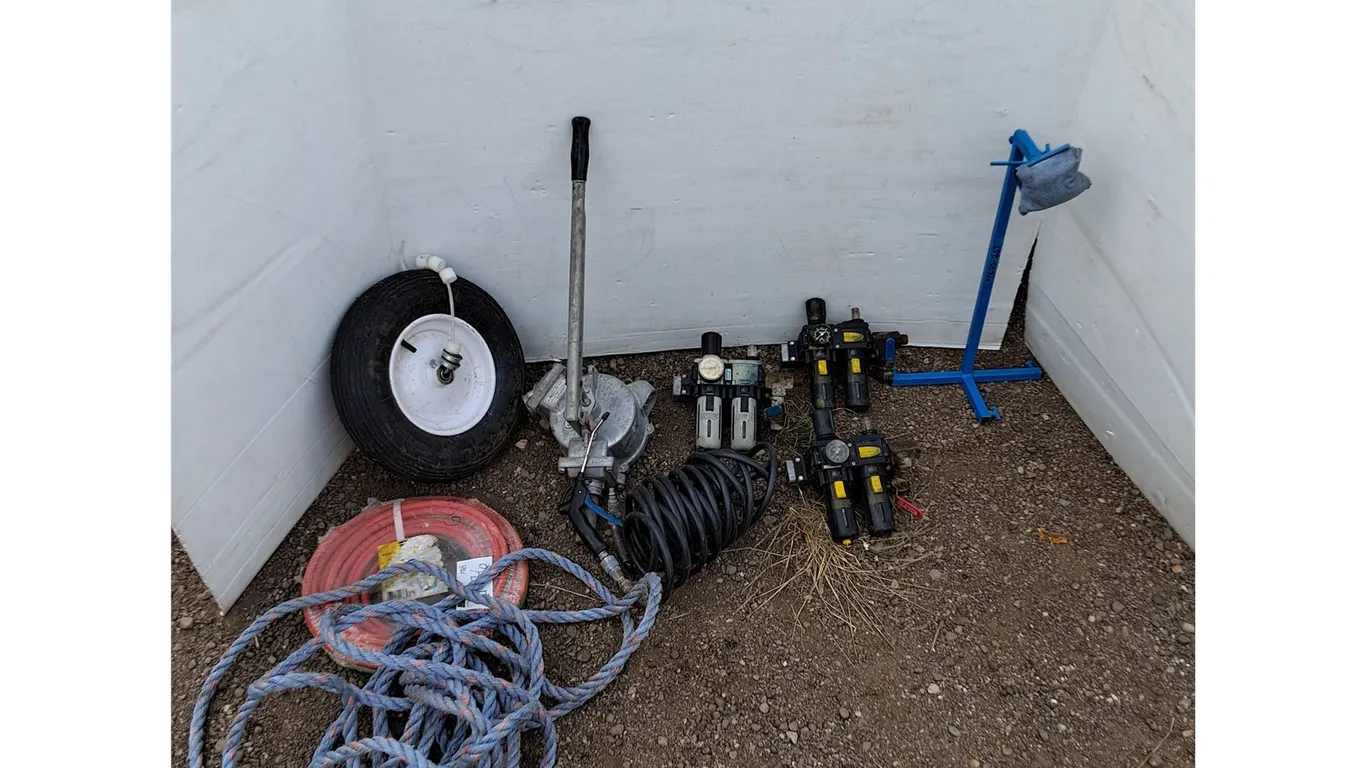 (2) Hoses, Hand Transfer Pump, (3) Pneumatic FRL Units, Wheelbarrow Wheel 4.80-4.00-8, Misc No Ship