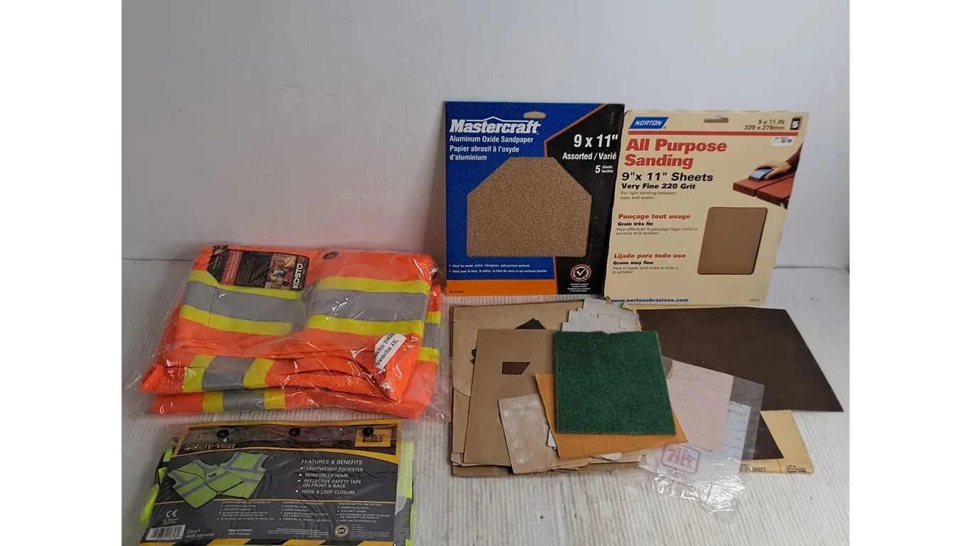 (2) Sealed Safety Vests (Kostco XXL & CAT Medium), Assorted Sand Paper Sheets
