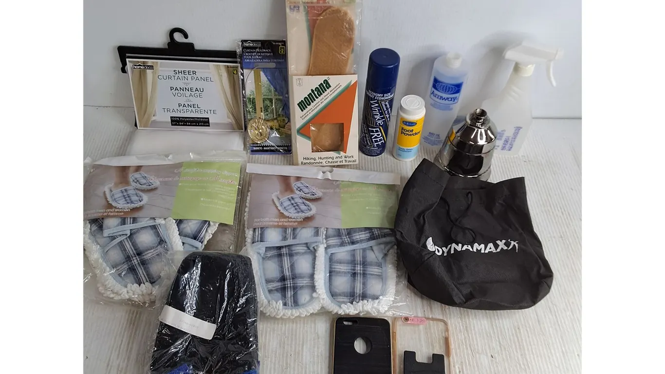 Mostly Sealed Products Lot - Mopping Slippers, Sheer Curtain & Holder, Wrinkle Spray, Foot Powder