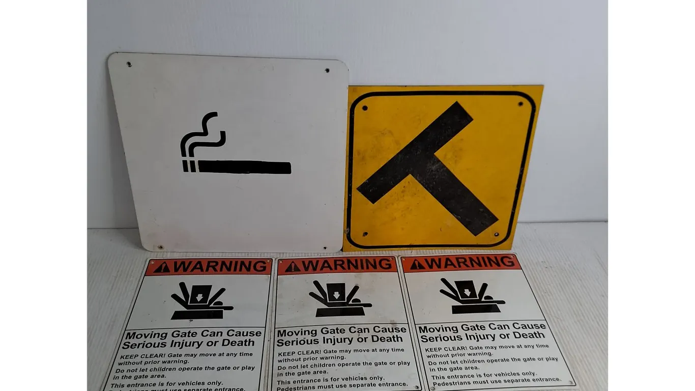 (5) Metal/Rubber Signs - Smoking Area, "T" Road, Gate Warnings - Largest = 14" x 14"