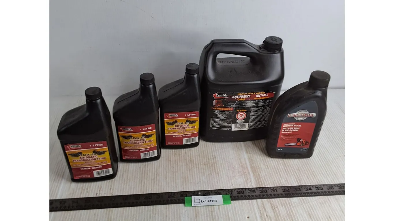(4) Sealed Bottles of Dexron ATF & HD Diesel Antifreeze, Partial Bottle of Chainsaw Oil - PU Only