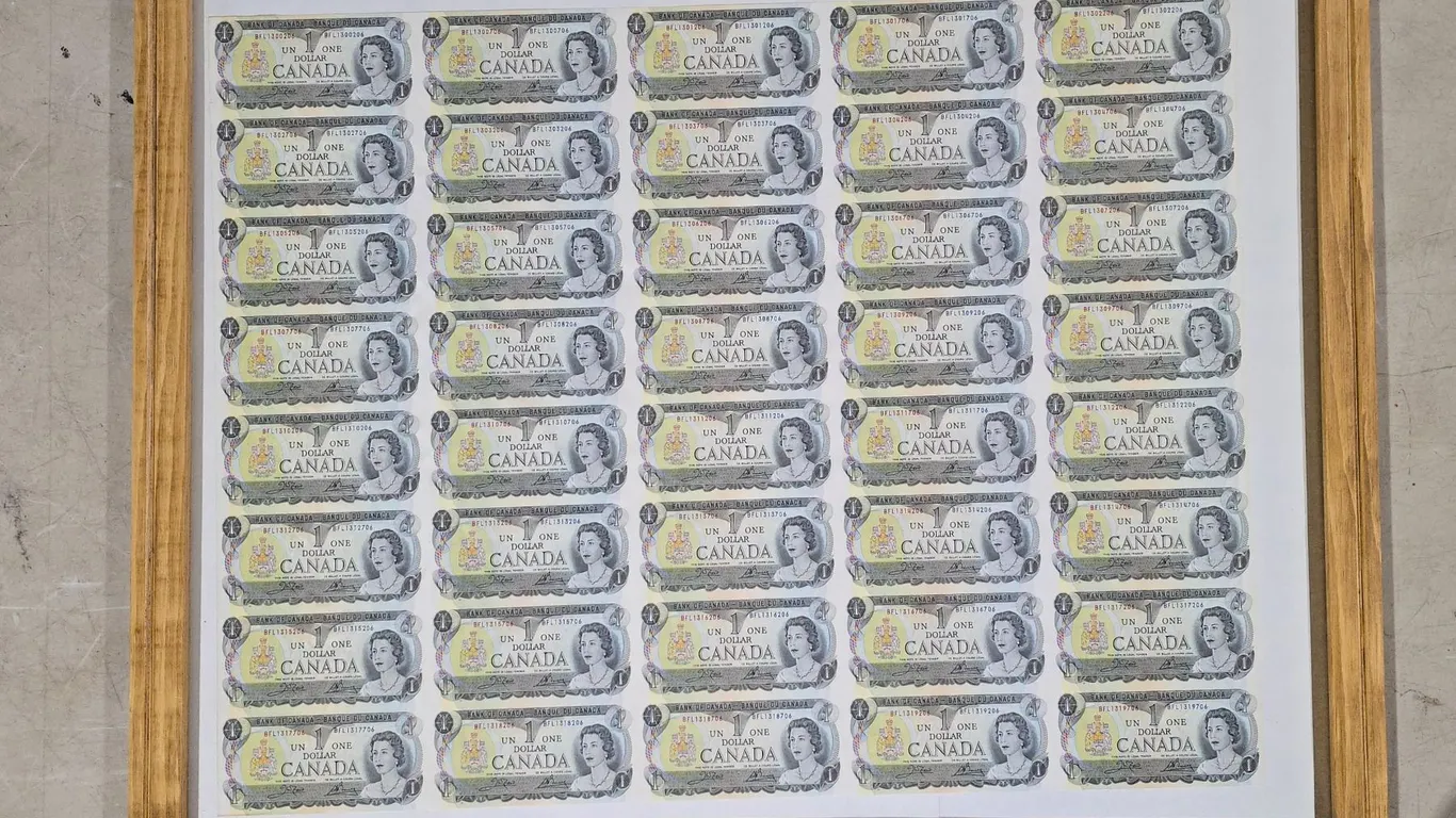 Framed uncut sheet of 1973 BOC Notes - 27.75"x 36"