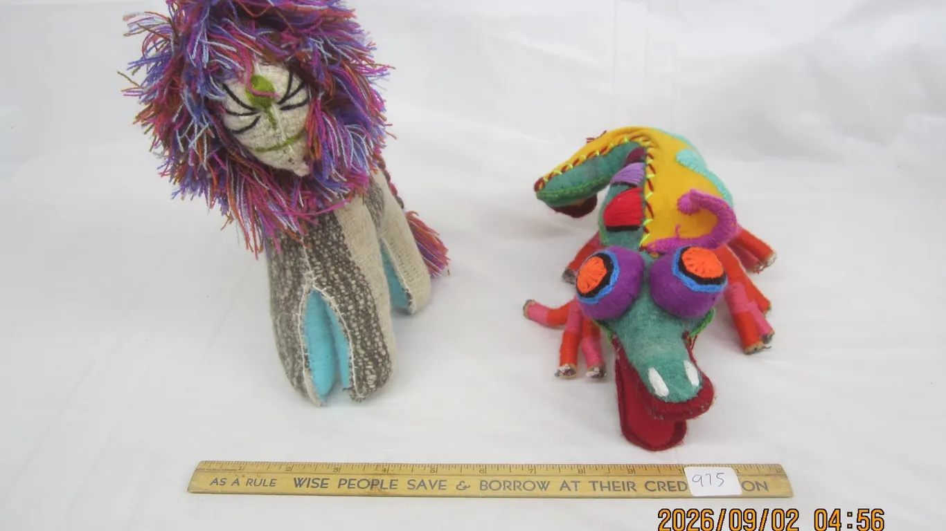 975. Vintage Mexican Folk Art Stuffed Animals Lion and Alligator